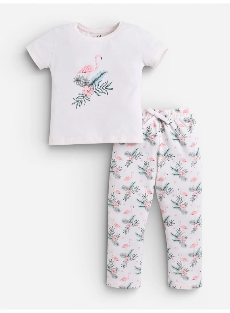 فكتور اند جين Girls Flamingo Print Cotton Pajama Set – T-Shirt & Full Pants Nightwear